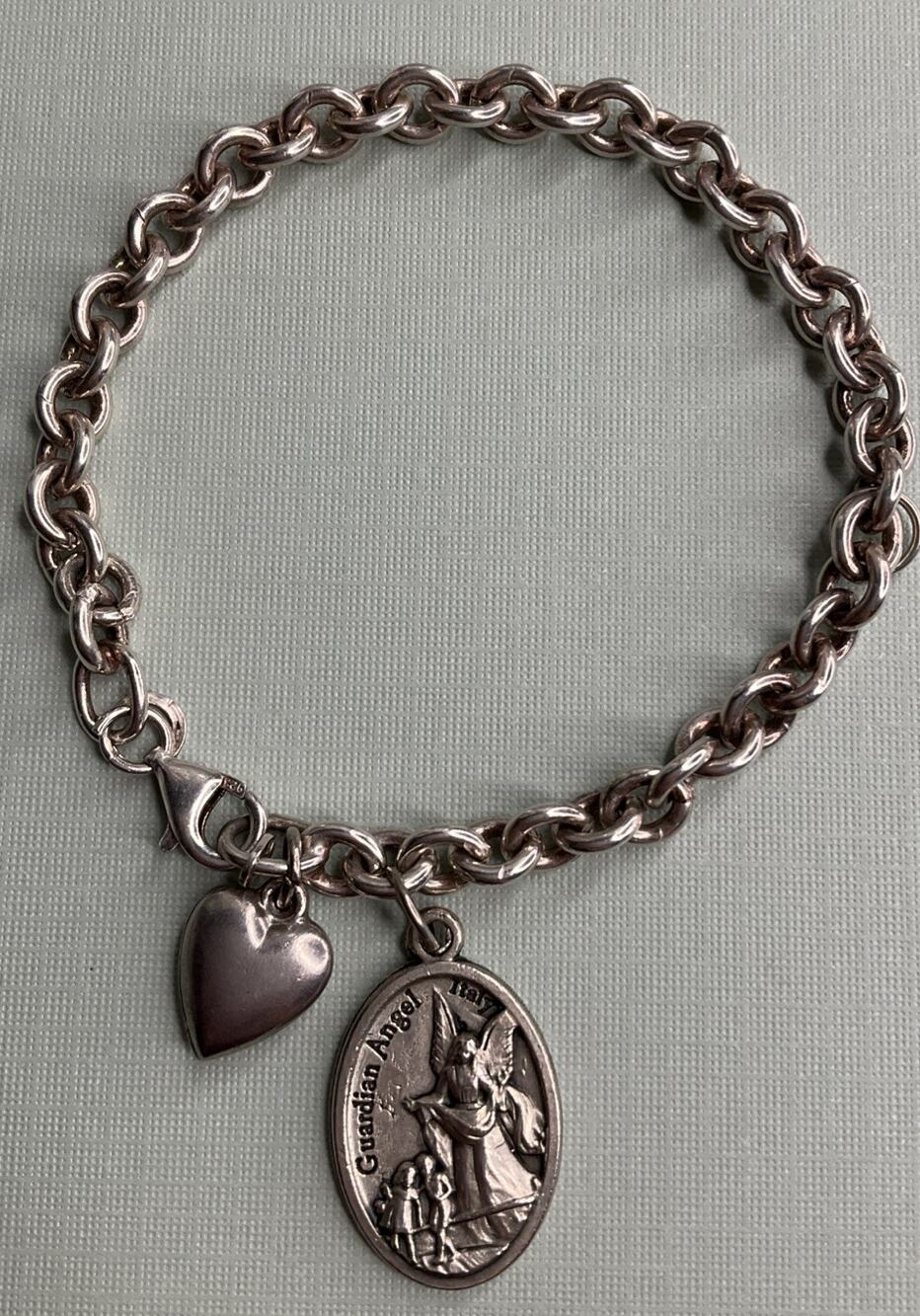 Vintage Italy Sterling Silver Guardian Angel Heart Charm Bracelet